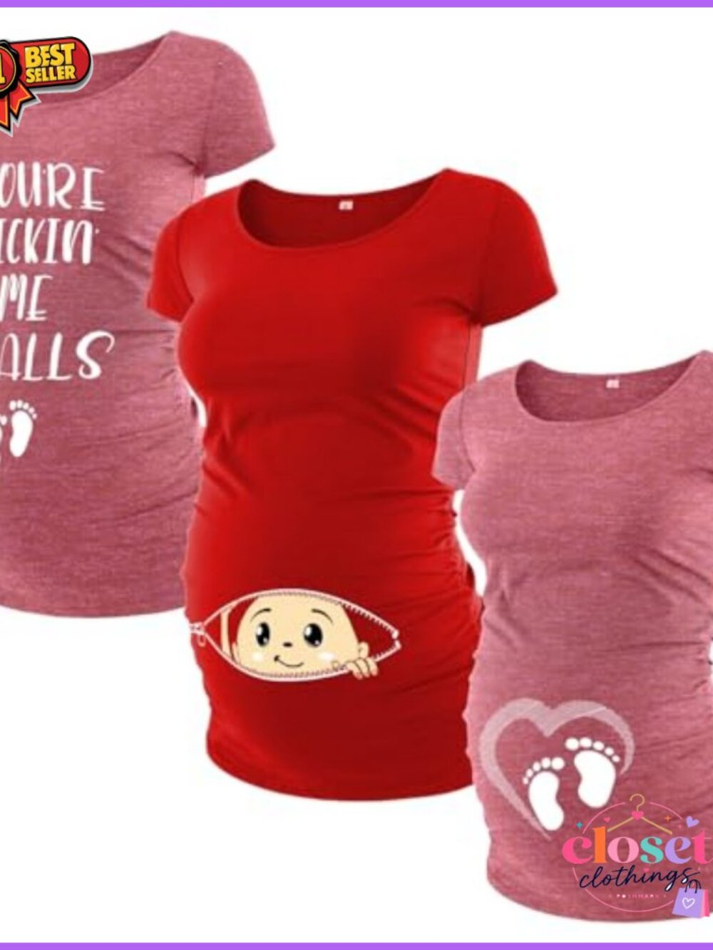 Pack of 3 Maternity Shirts Women Bump-Friendly Side Ruched Pregnancy Tees